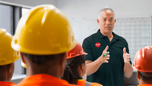 man giving onsite presentation