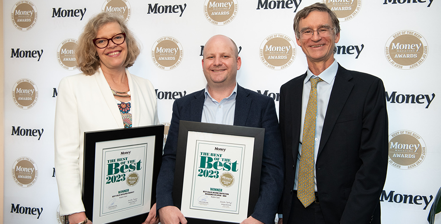 CEO Kate Farrar, Chief Transformation Officer Sean Marteene and Chief Investment Officer Mark Rider accept Brighter Super's 2023 Money magazine awards